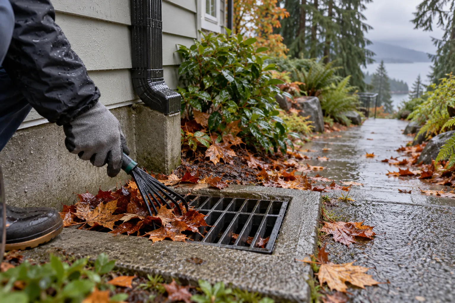 Gloved hand clearing wet autumn leaves from a grated yard drain beside a house