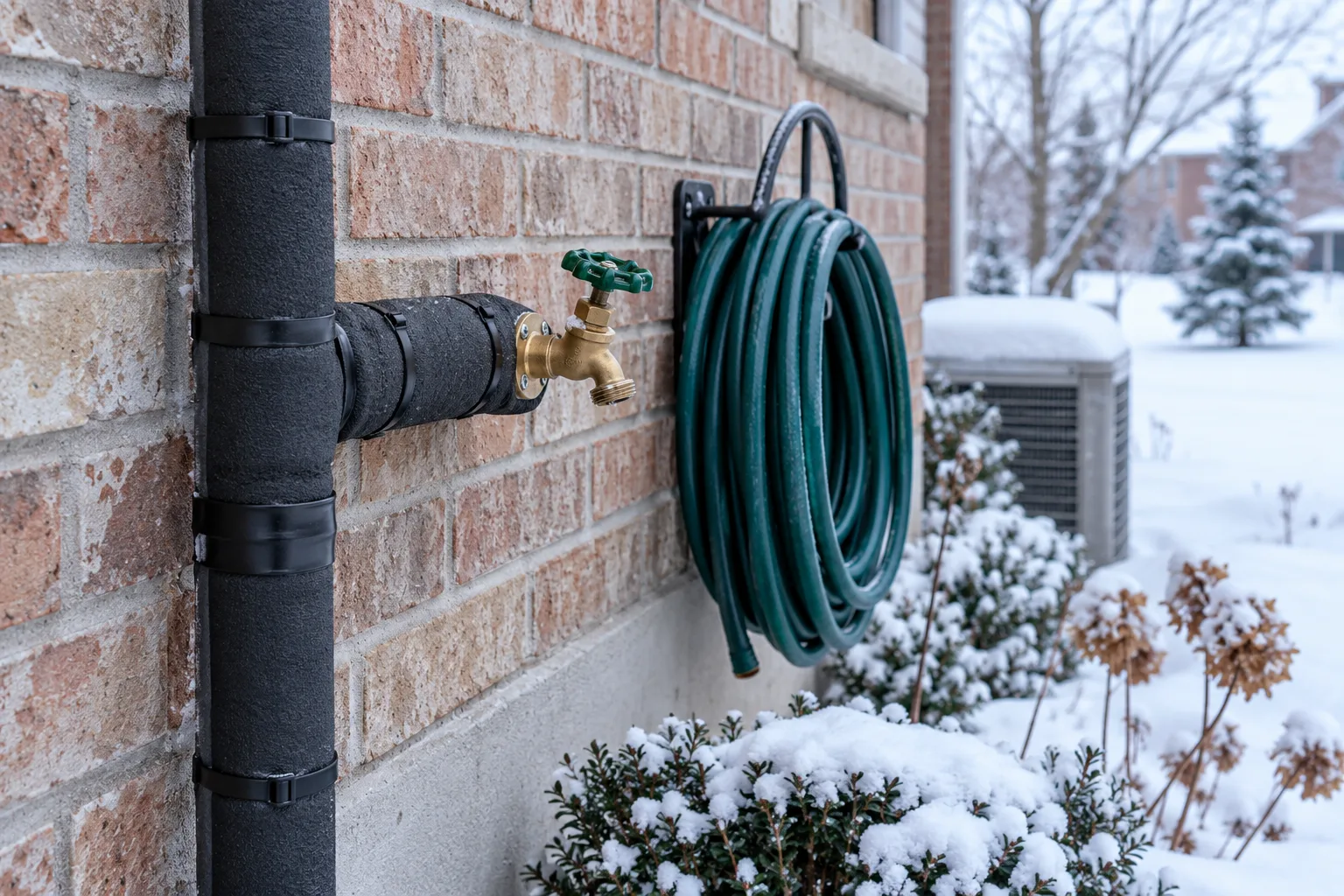 Insulated exterior pipe and disconnected hose beside a snow-covered Canadian home