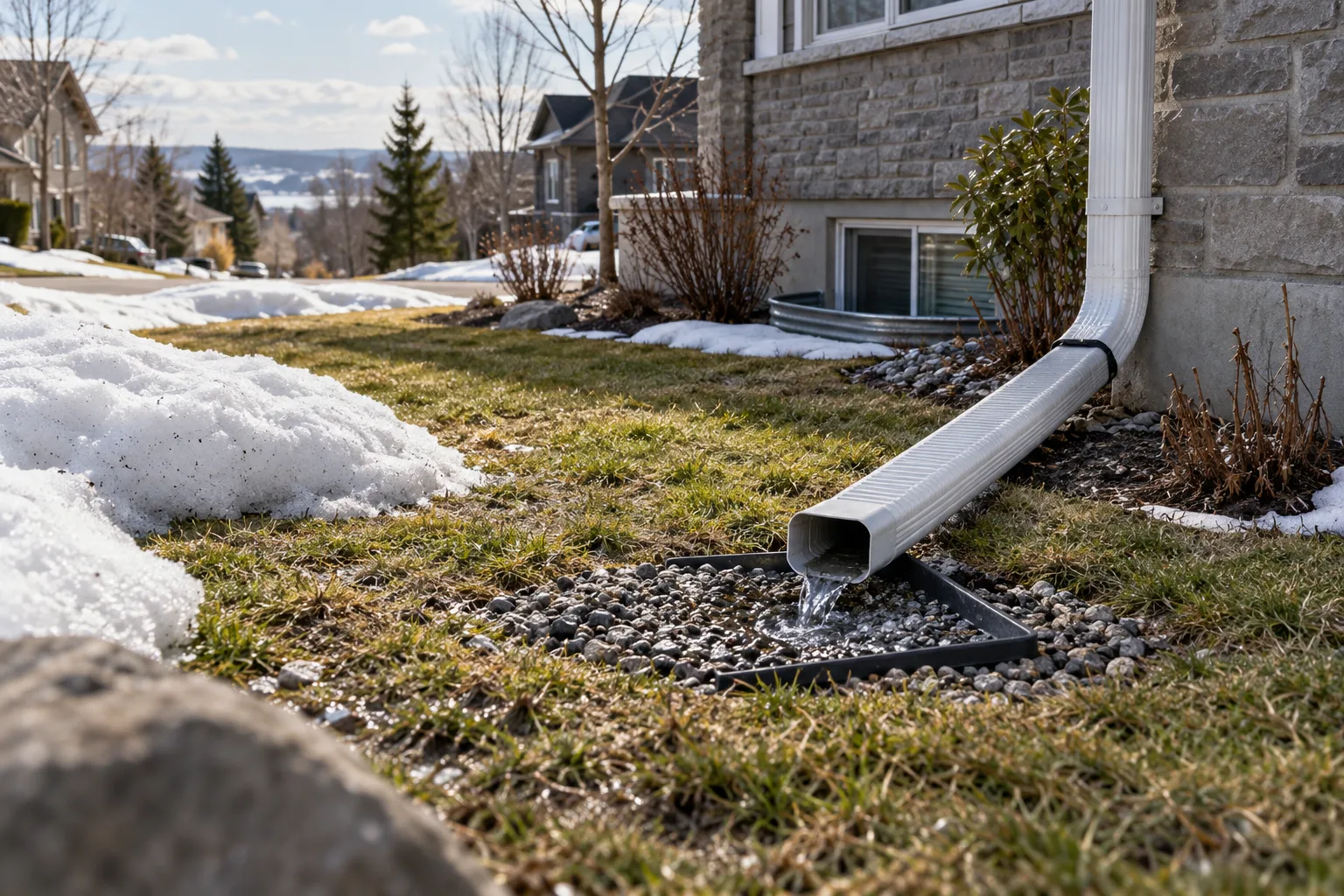 Melting snow around a Canadian home with a downspout leading runoff away across the yard